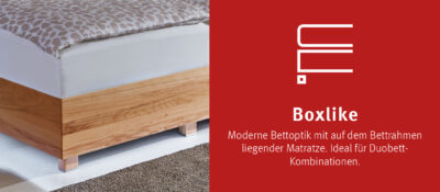 Das Boxlike-Modell hingegen bietet eine moderne Optik, bei der die Matratze auf dem Bettrahmen liegt. Diese Bauweise ist ideal für Duobett-Kombinationen, da sie eine durchgehende, elegante Schlaflandschaft schafft, die sich harmonisch in jedes Schlafzimmerdesign einfügt.